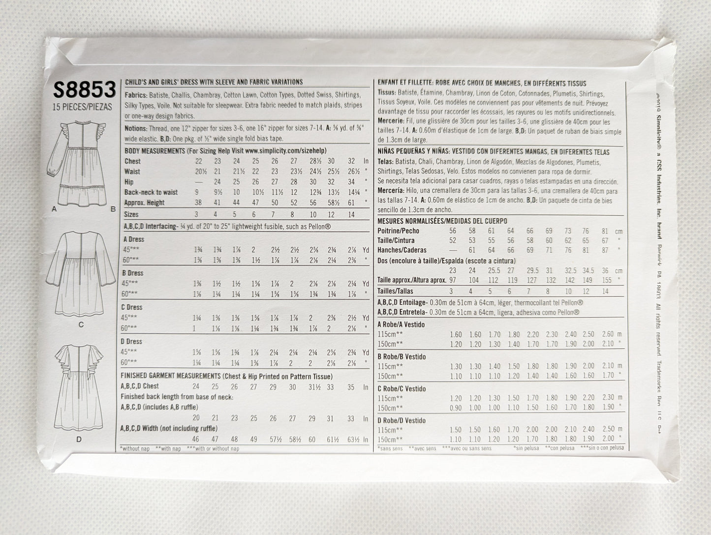 S8853 HH Size 3-6 kids dress pattern