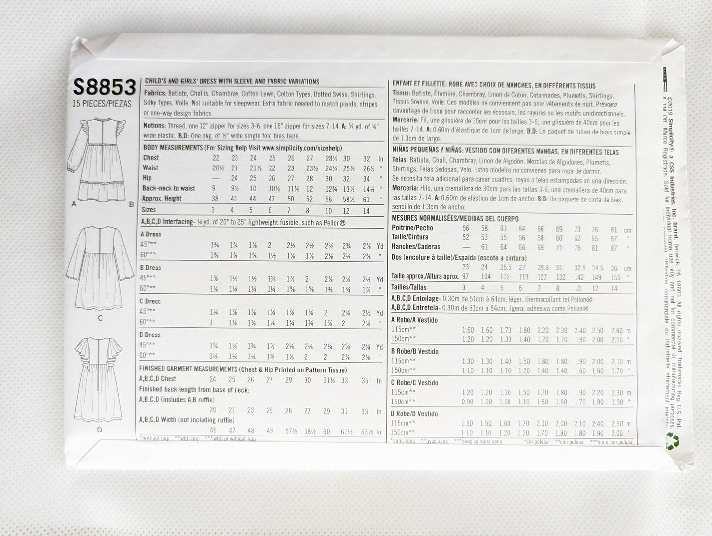 Simplicity S8853 K5 kid sizes 7-14