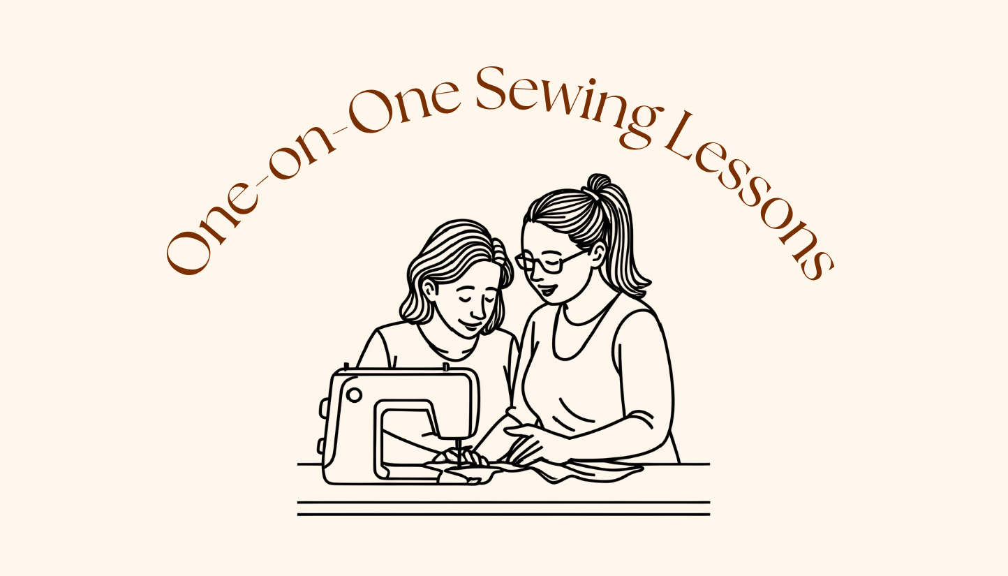 Illustration of two people at a sewing machine with 'One-on-One Sewing Lessons' text.