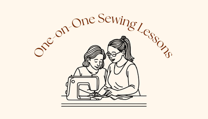 Illustration of two people at a sewing machine with 'One-on-One Sewing Lessons' text.