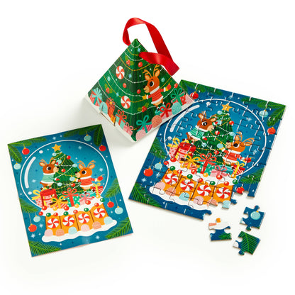 Christmas-themed puzzle with reindeer and presents, featuring a tree design on the packaging.