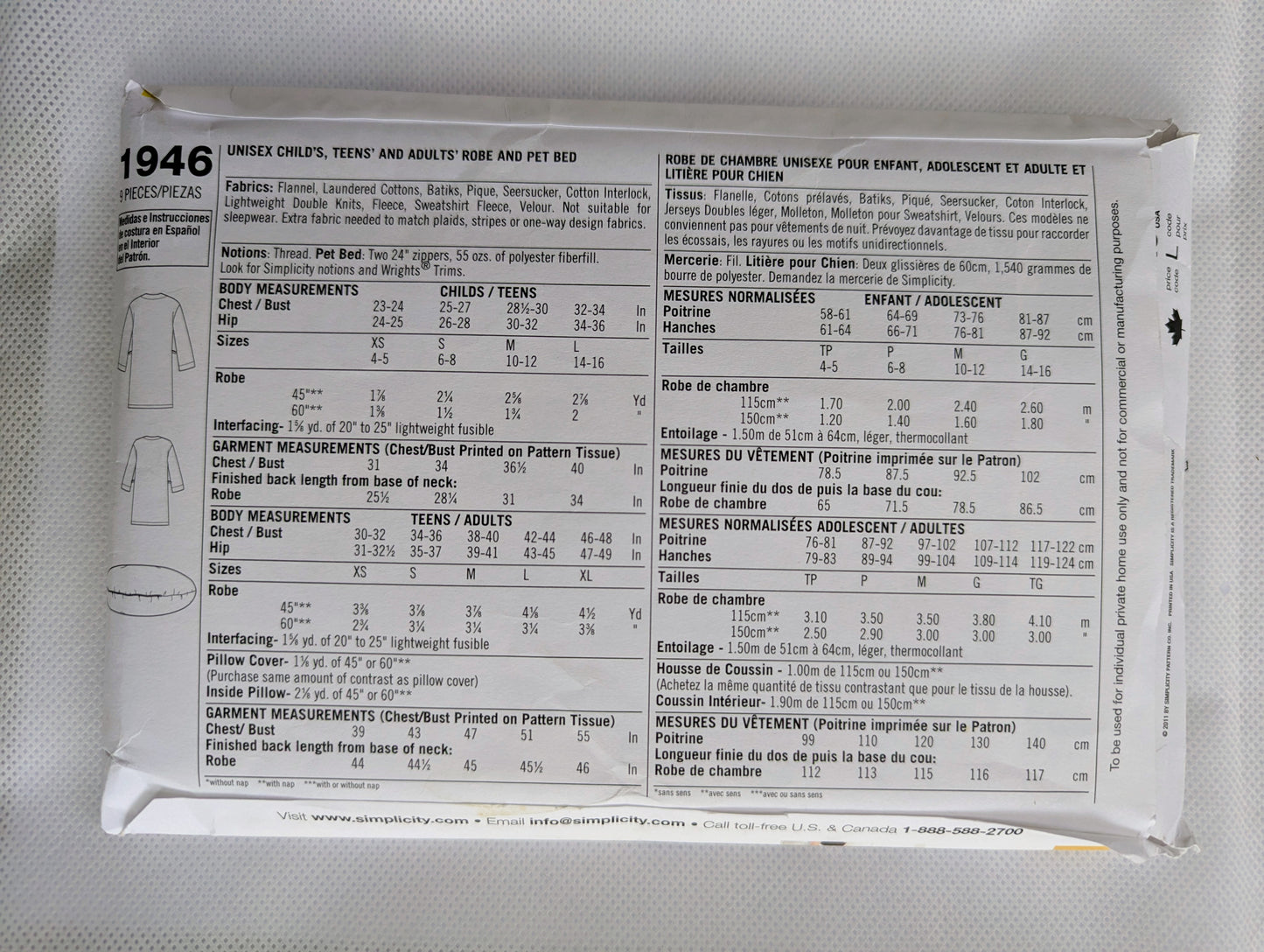 Simplicity 1946 Learn To Sew Family robes with Dog Bed