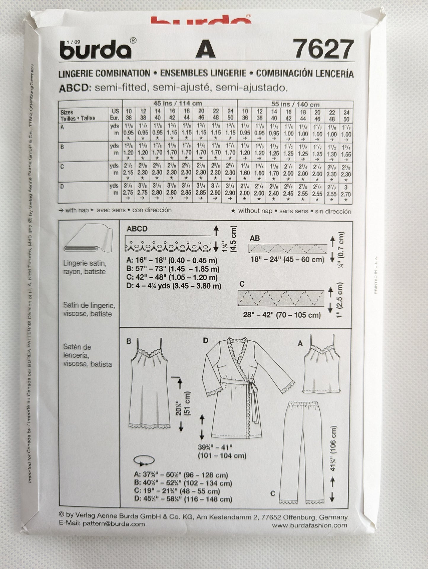 Burda 7627 Silky Sleepwear Pattern