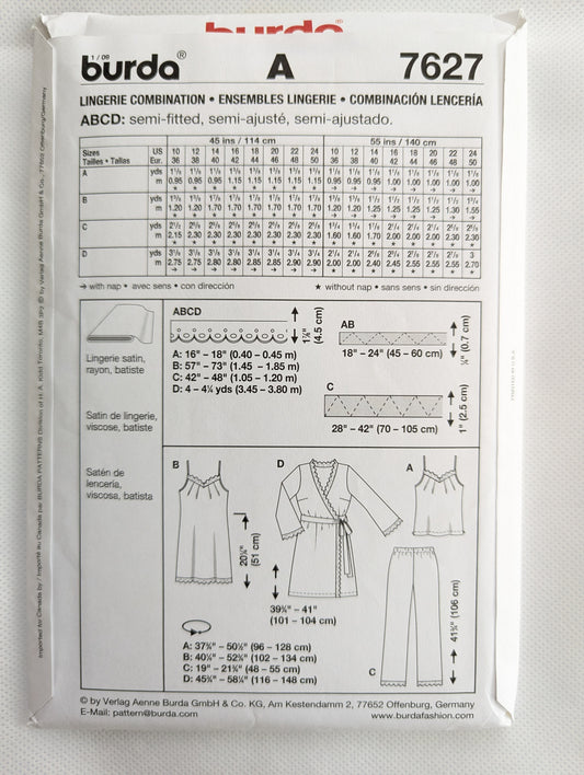 Burda 7627 Silky Sleepwear Pattern