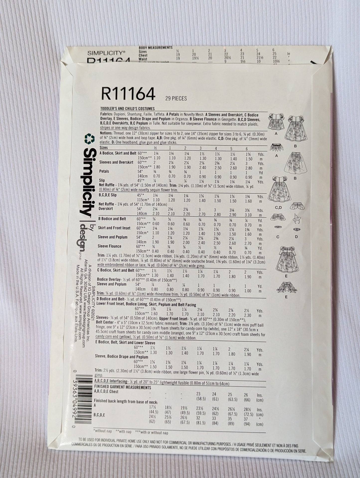 Simplicity R11164 BB Princess Halloween Costume Pattern