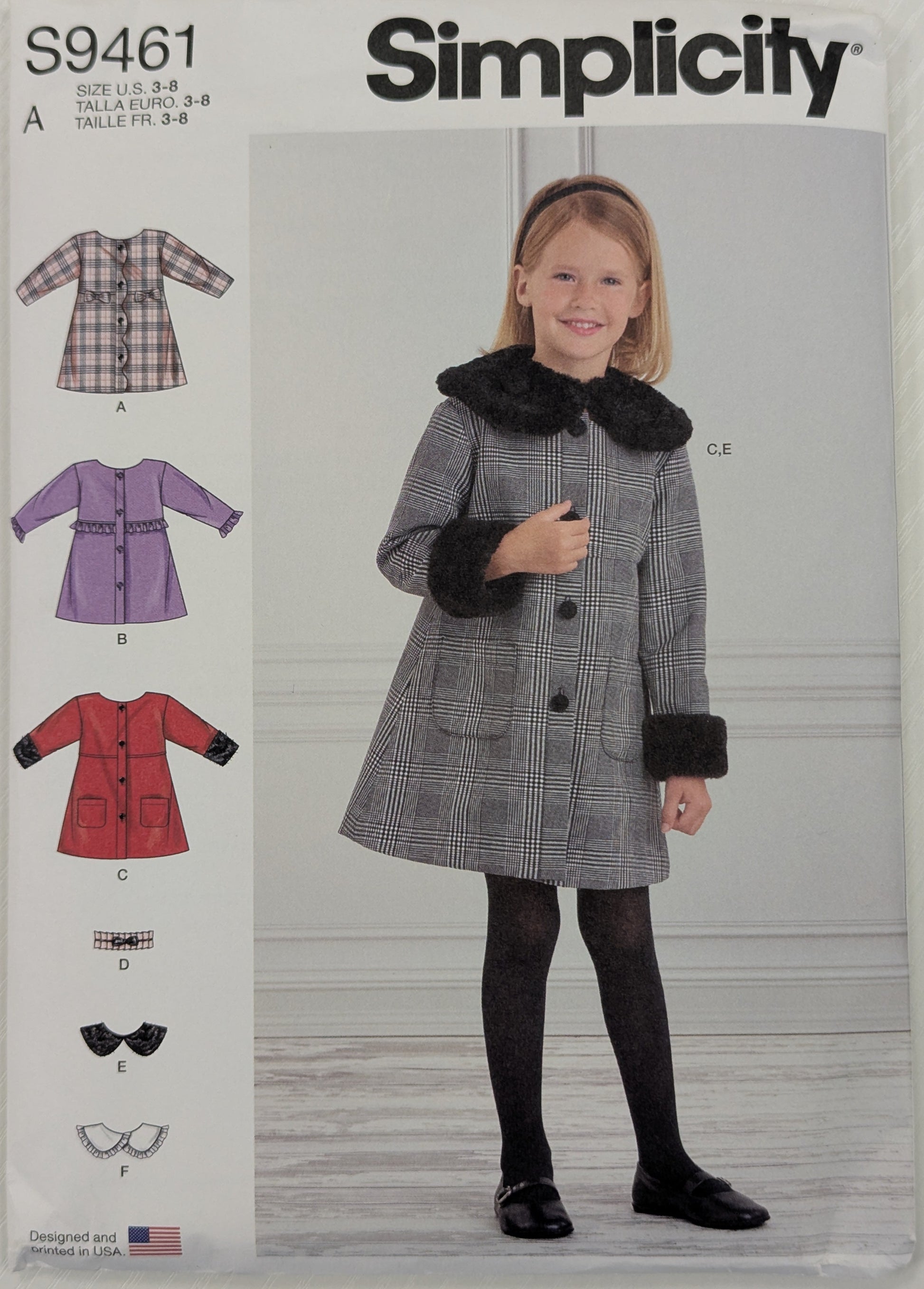 Simplicity children's pattern packaging for a girl's coat with variations down the left side and a model wearing the coat.