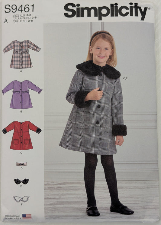 Simplicity children's pattern packaging for a girl's coat with variations down the left side and a model wearing the coat.