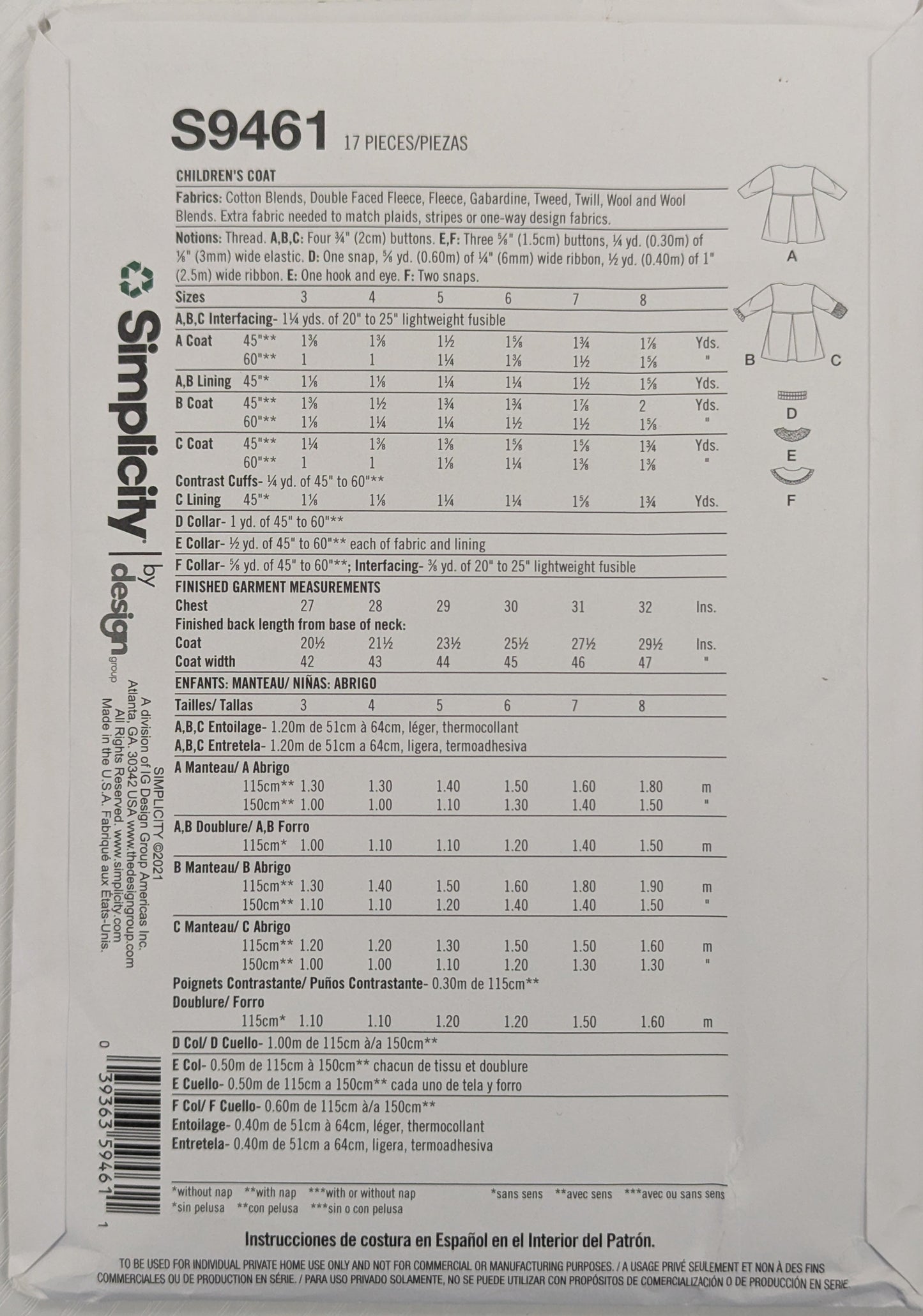 S9461 Kids Coat Sewing pattern