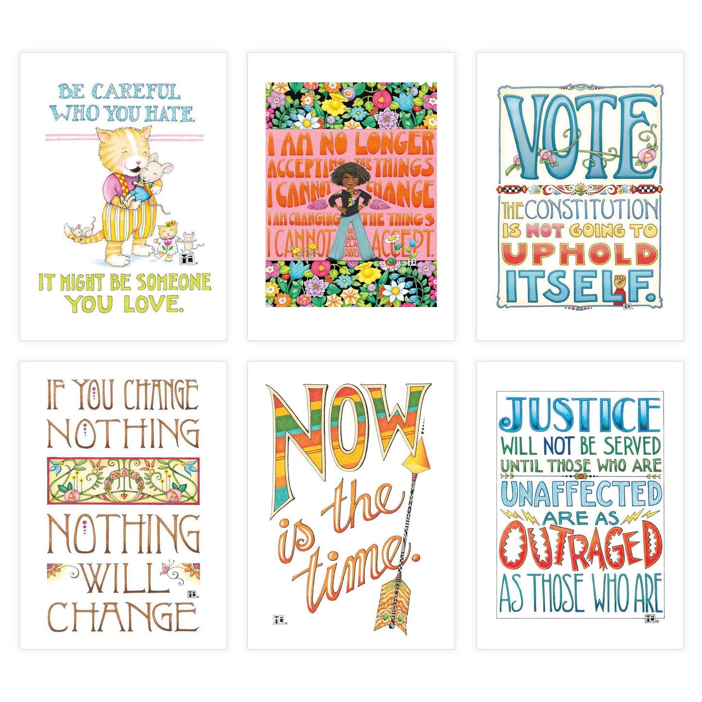 Set of six colorful postcards with motivational quotes on a white background