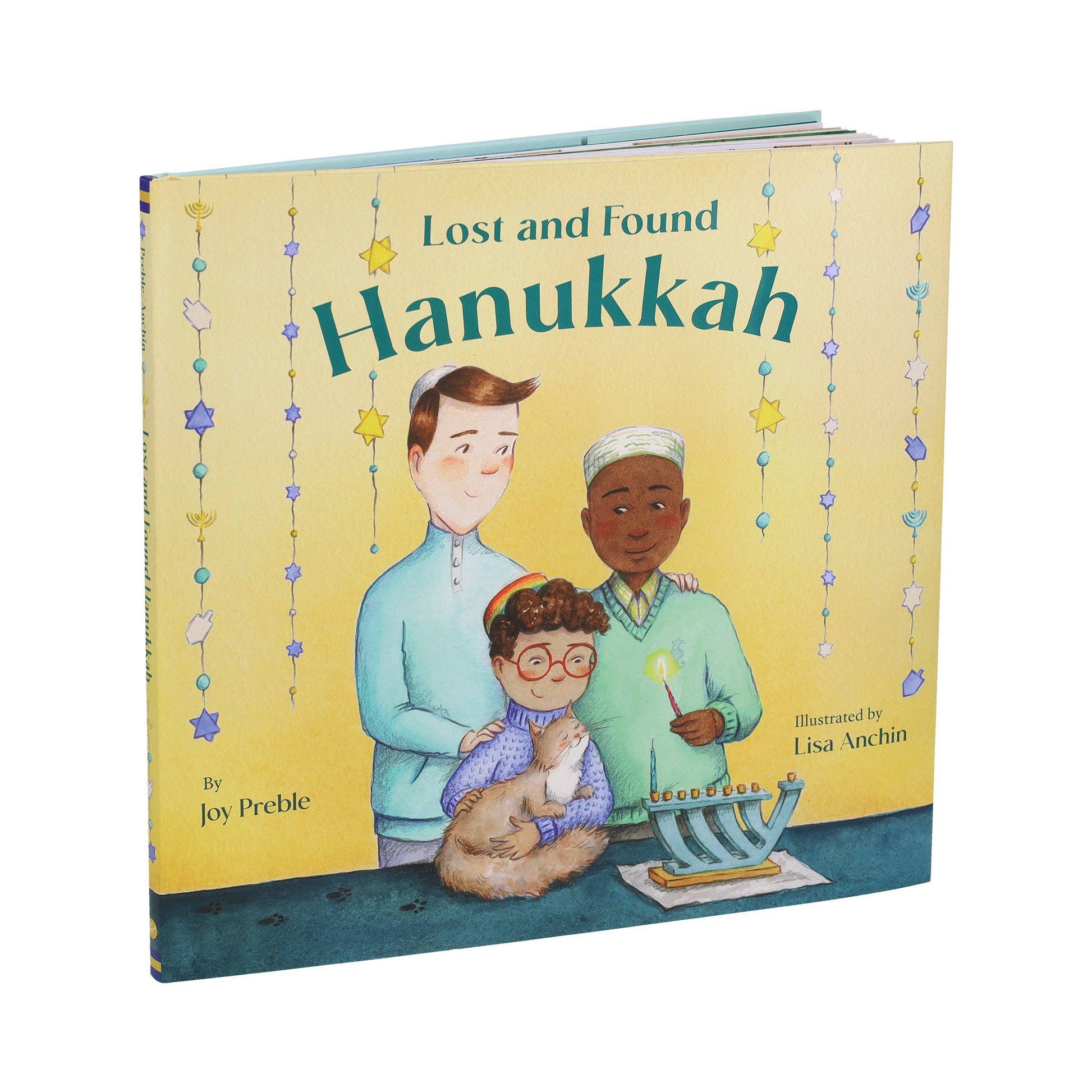 Book titled 'Lost and Found Hanukkah' with illustrations of three children and a menorah on a yellow background.