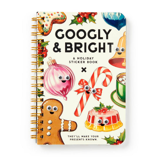 Holiday sticker book with googly eyed objects on a white background