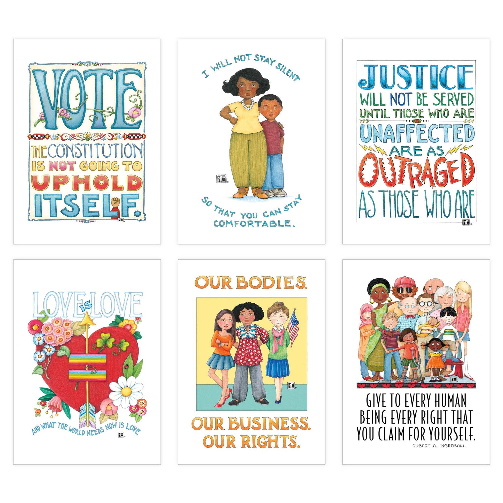 Set of six illustrated protest postcards with various messages on a white background