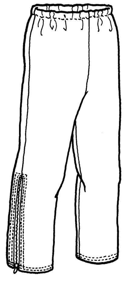 pen and ink drawing of front of pants with zippers at cuffs.