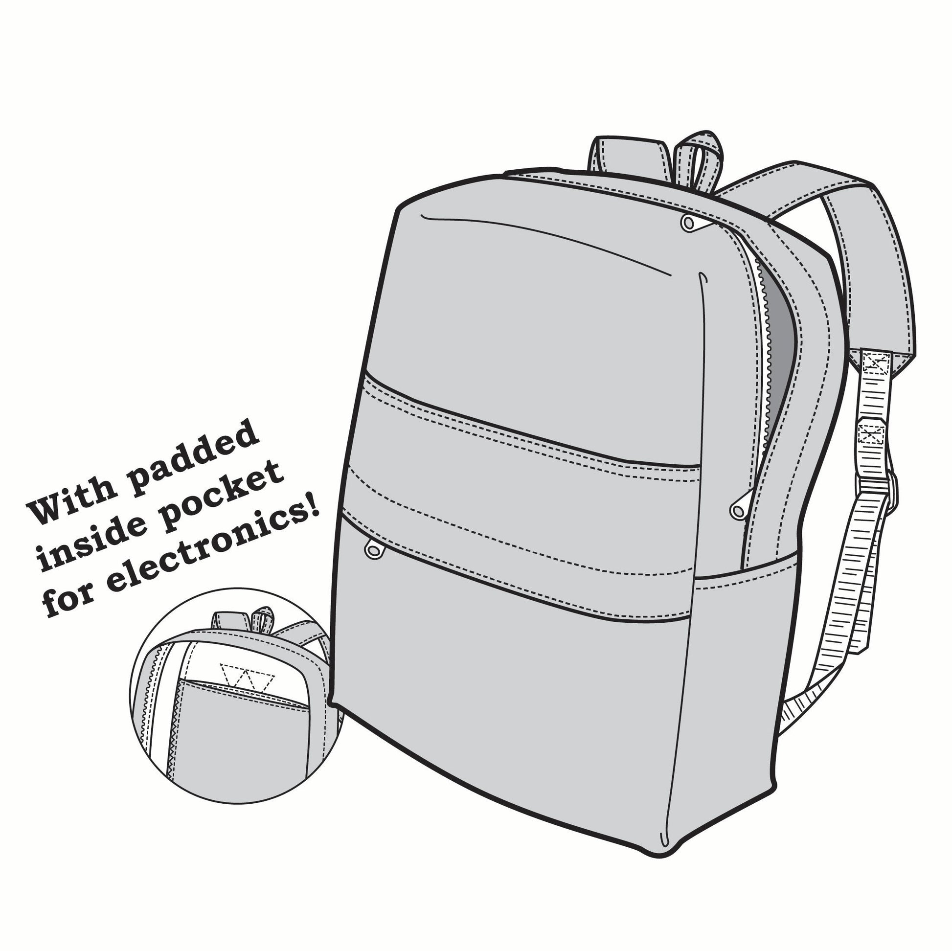 pen and ink drawing of a book bag with a set out of the inside pocket.