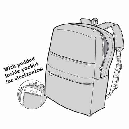 pen and ink drawing of a book bag with a set out of the inside pocket.