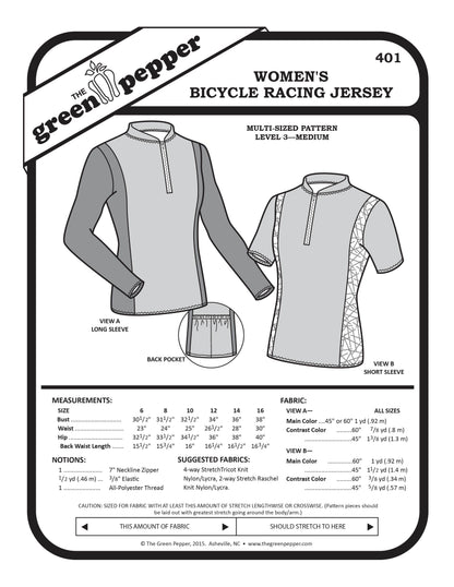 image of cover for 401 Womens' Bicycle Racing Jersey sewing pattern.