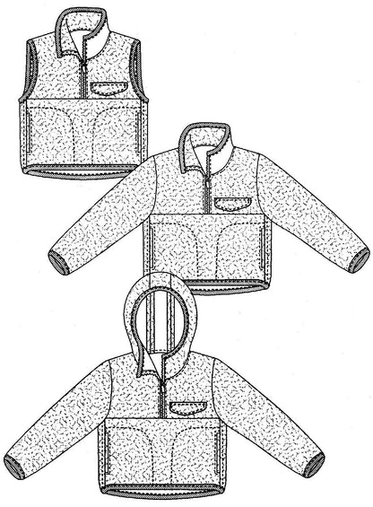 Technical drawing of a jacket, vest, and hoodies with a textured pattern.