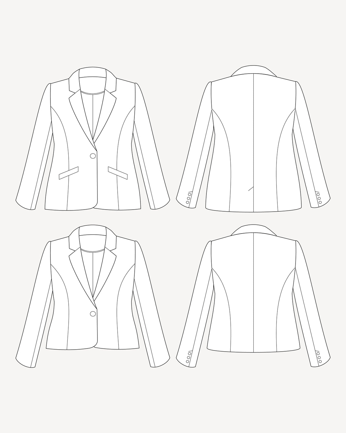Line drawing of a blazer from multiple angles on a white background. This blazer is the Auburn Blazer sewing pattern from Cashmerette.