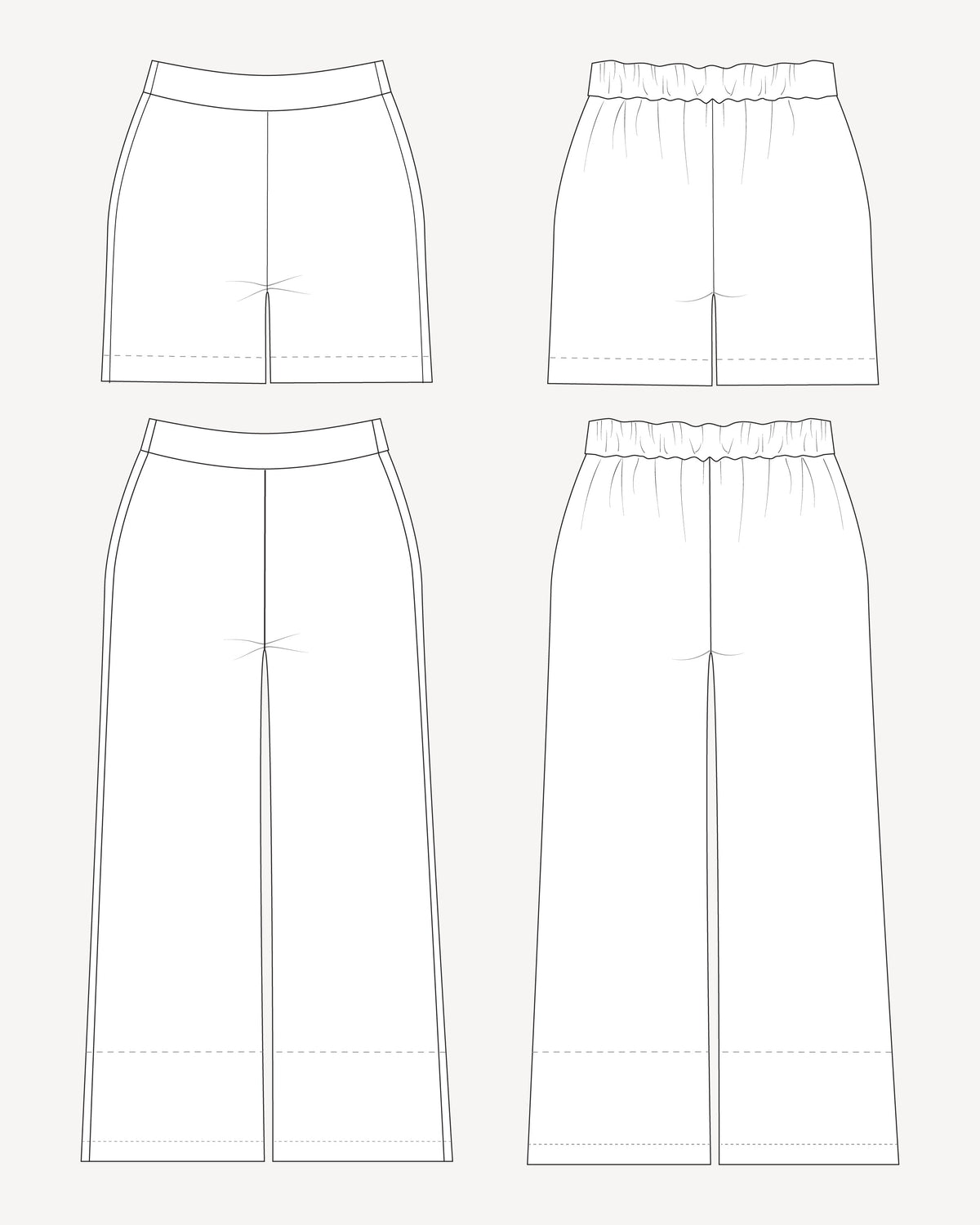 Line drawings of various styles of pants on a white background. These pants are the Calder Pants & Shorts sewing pattern from Cashmerette.