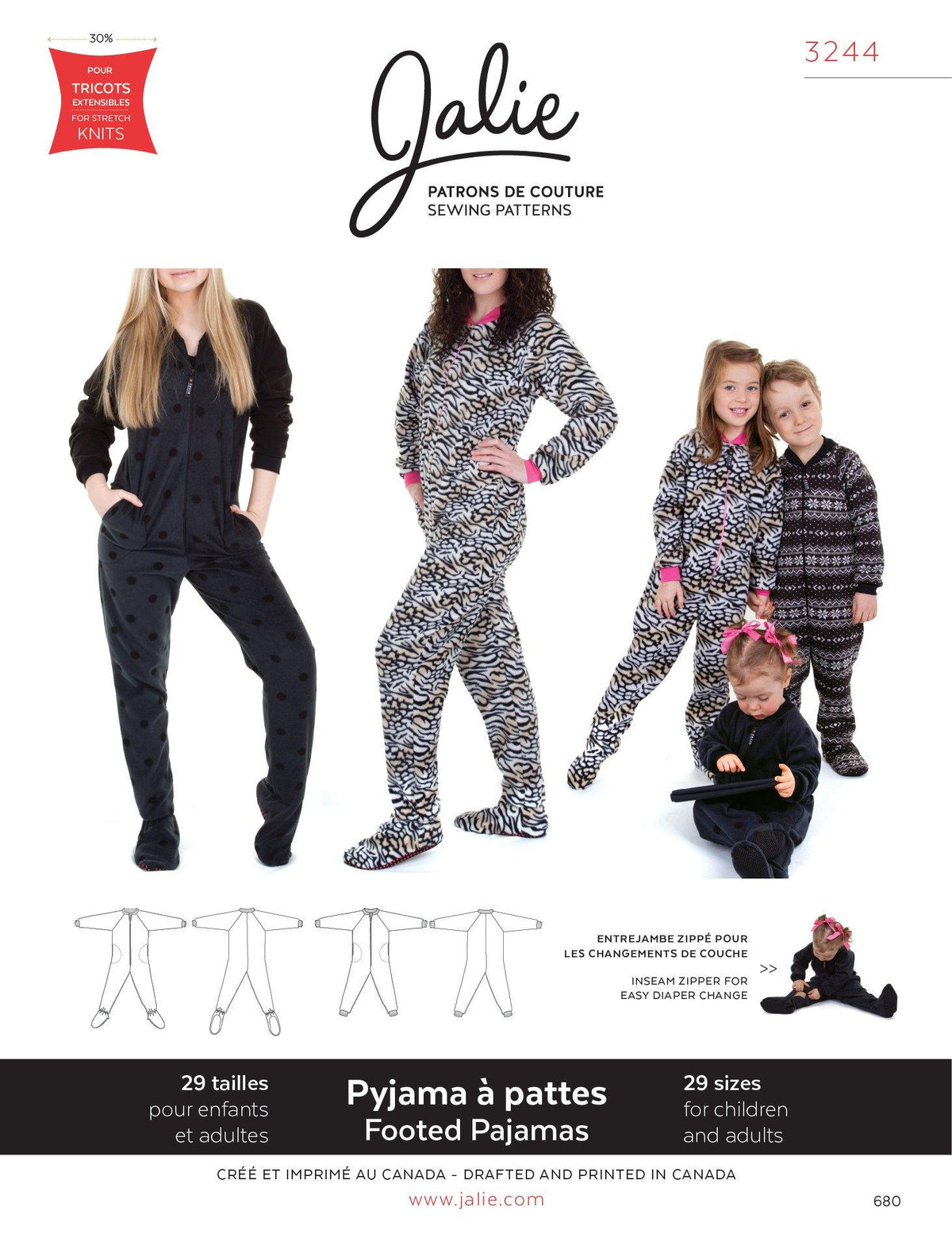 3244 // Footed pyjamas for men, women and children - Jalie