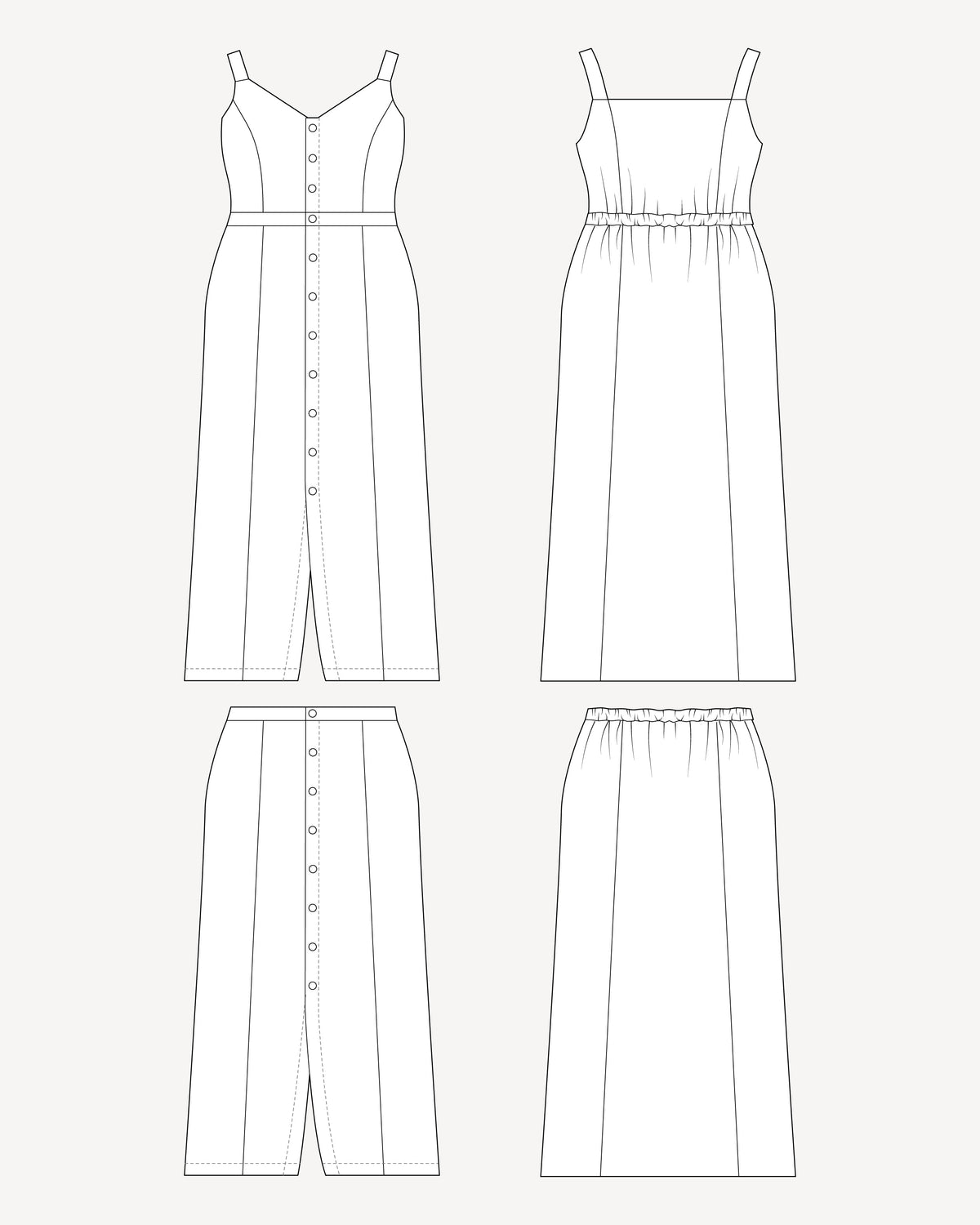 Line drawing of a dress and skirt on a white background. This is the Holyoke Maxi Dress & Skirt sewing pattern from Cashmerette.