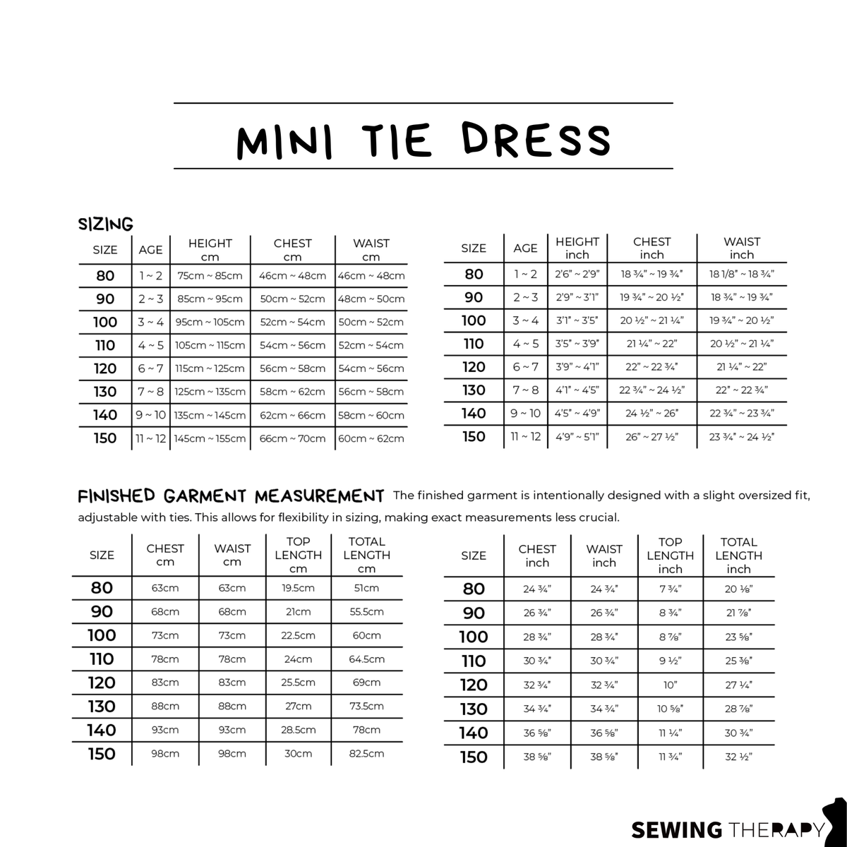 PDF Mini Tie Dress Pattern for Ages 1 – 12 (Sizes 80–150 cm) | Sewing Therapy