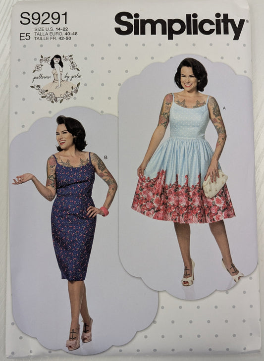 Simplicity sewing pattern packaging with two models wearing dresses on a light gray background