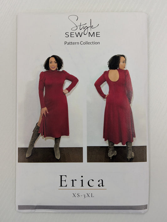 Style Sew Me pattern collection Erica Dress. A long sleeve turtle neck dress with thigh slit and keyhole back