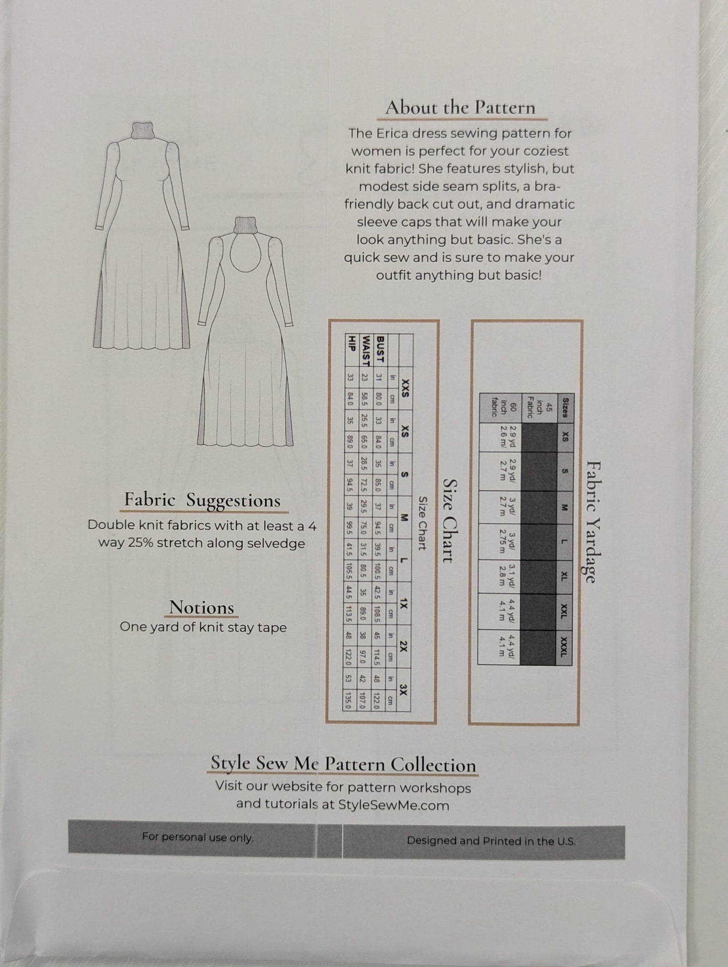 Style Sew Me Erica dress pattern with size chart and fabric suggestions on a white background