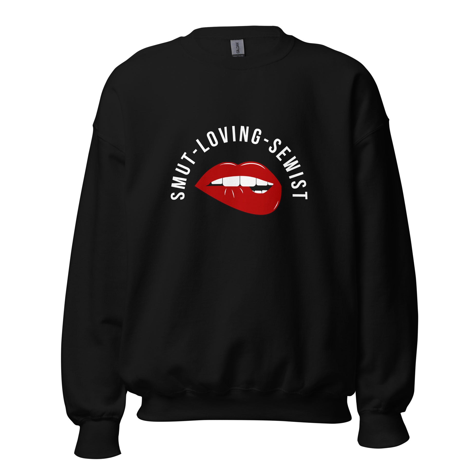 Black sweatshirt with red lips graphic and text on a white background