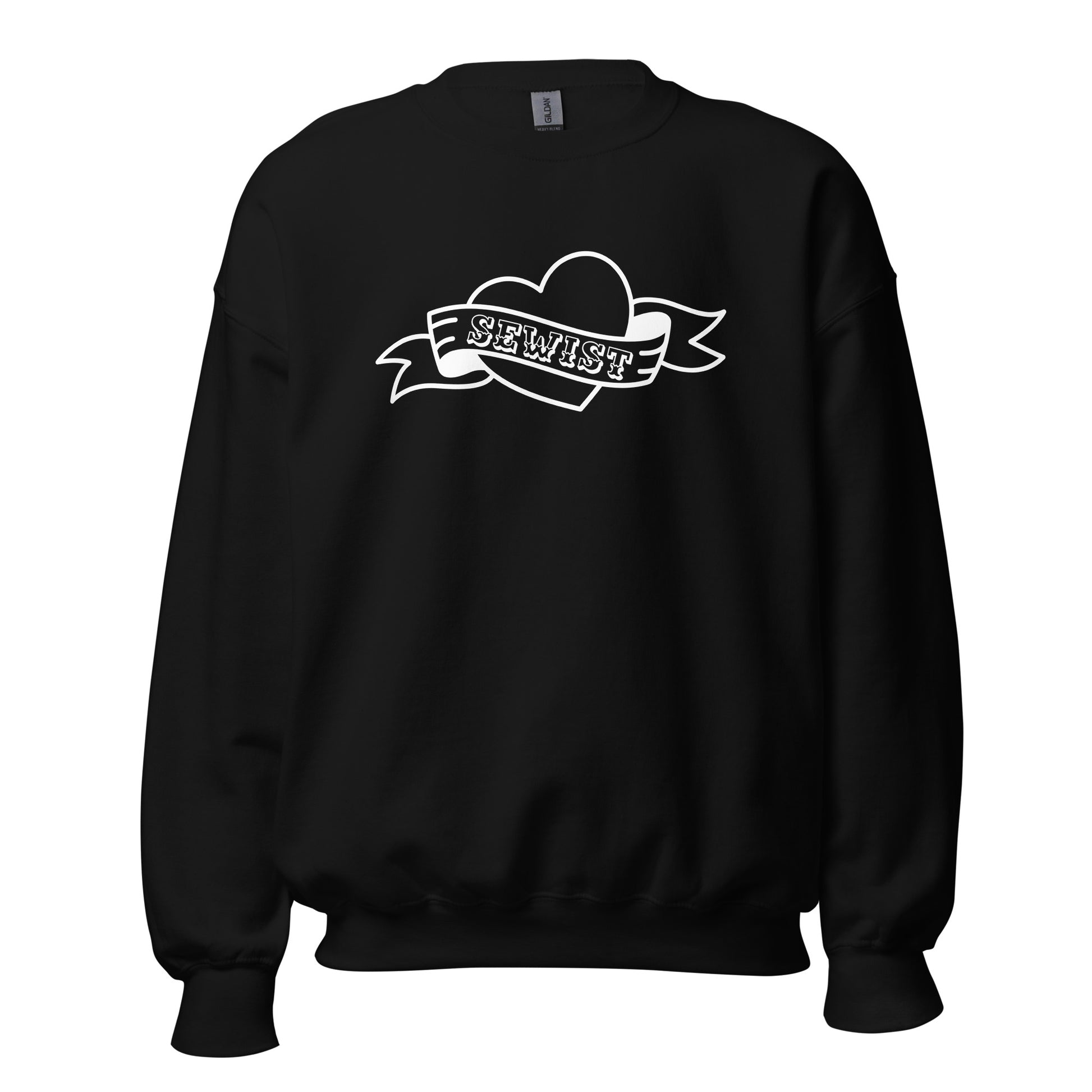 Black crewneck sweatshirt with a tattoo style heart with a banner that says "Sewist" on a white background.